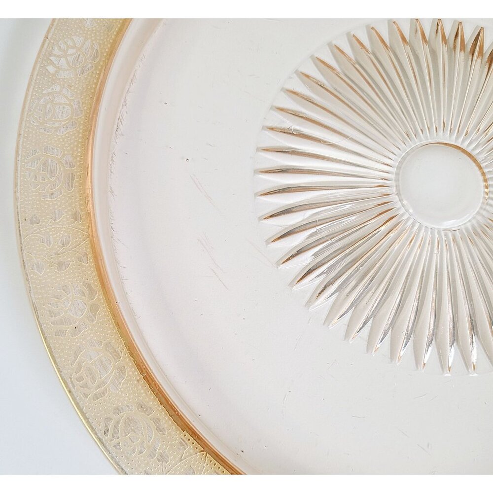 Vtg Glastonbury Lotus Rambler Rose Platter Made in USA Pink glass Gold Gilt Rim - Picture 10 of 14